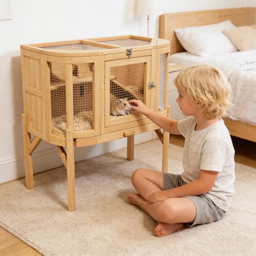 XiliqingEco Wooden Hamster Cages with Stand, Deep Pull-Out Tray, Hamster Cage and Habitat with Locking Mechanism, Chew-Proof Guinea Pig Cage, Hamster House (Natural Wood)