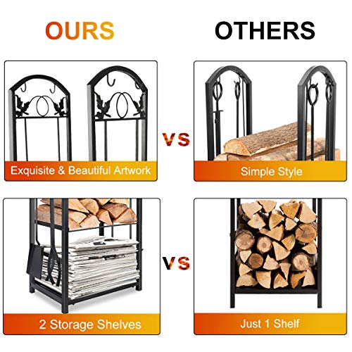 Lovinouse 2 Layer Firewood Log Rack with 4 Fireplace Tools Sets, Black Heavy Duty Wrought Iron Lumber Holder Storage Stacking Carrier for Indoor Outdoor Backyard Patio - Thumbnail 2