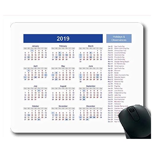 Yanteng Alfombrilla de ratón Calendario 2019 Personalizada, Pared de Calendario Alfombrilla de ratón para Juegos, Agenda 2019 con Detalles de Vacaciones