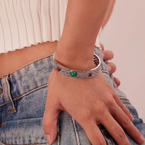 Image of Fashion Vintate Natural Turquoise Stone Bracelet Stainless Steel Hollow Out Cuff Bracelet