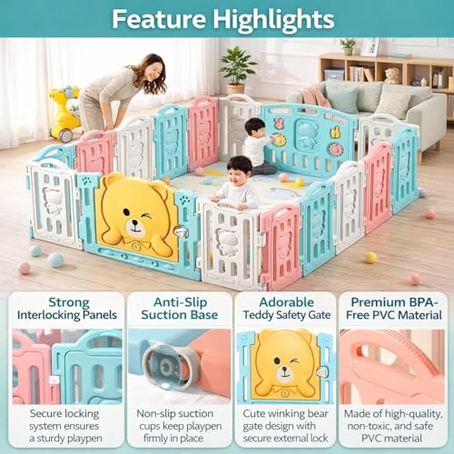 Image of Large Baby Playpen 18 Panels /36 Sq Ft Play Area Indoor Setup with Mat ,balls | Play Yard for Babies 0-3 Years with Padded Boundary |Indoor Outdoor Toddler , infant fence Activity Center with Safety Door Lock & Suction Cups (6 * 6 FT)