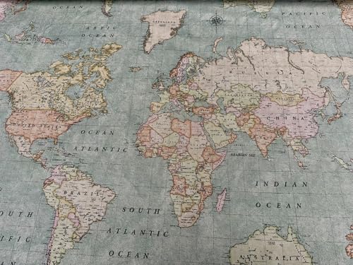 Retro världskarta tryck tyg resa material heminredning klädsel gardiner kudde – vintage jade – 140 cm bred (2 meter)