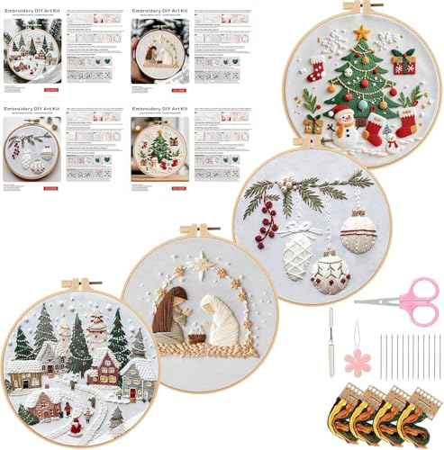 YZNlife Christmas Embroidery Kit, 4 Pack Cross Stitch Kits,DIY Embroidery Starter Kit for Adults & Beginners, DIY Needlepoint Kit with Embroidery Hoop Thread Needle for Craft Lover Birthday Gifts (B)