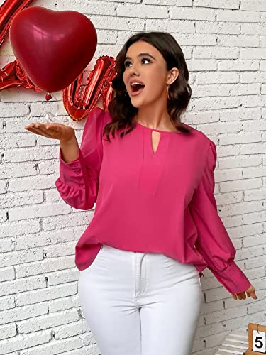 top feminino tamanho grande Plus Keyhole Neckline Puff Sleeve Blouse (Color : Hot Pink, Size : 4XL)