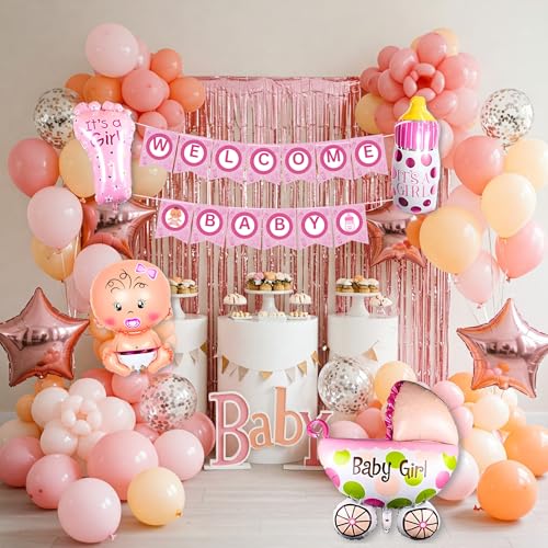 Image of 57 Pcs Welcome Baby Girl Decoration Kit | Balloons, Banner, Curtains, Foils, Stars, Hearts, Ribbon & Confetti for Baby Shower & Newborn Celebration Set 05