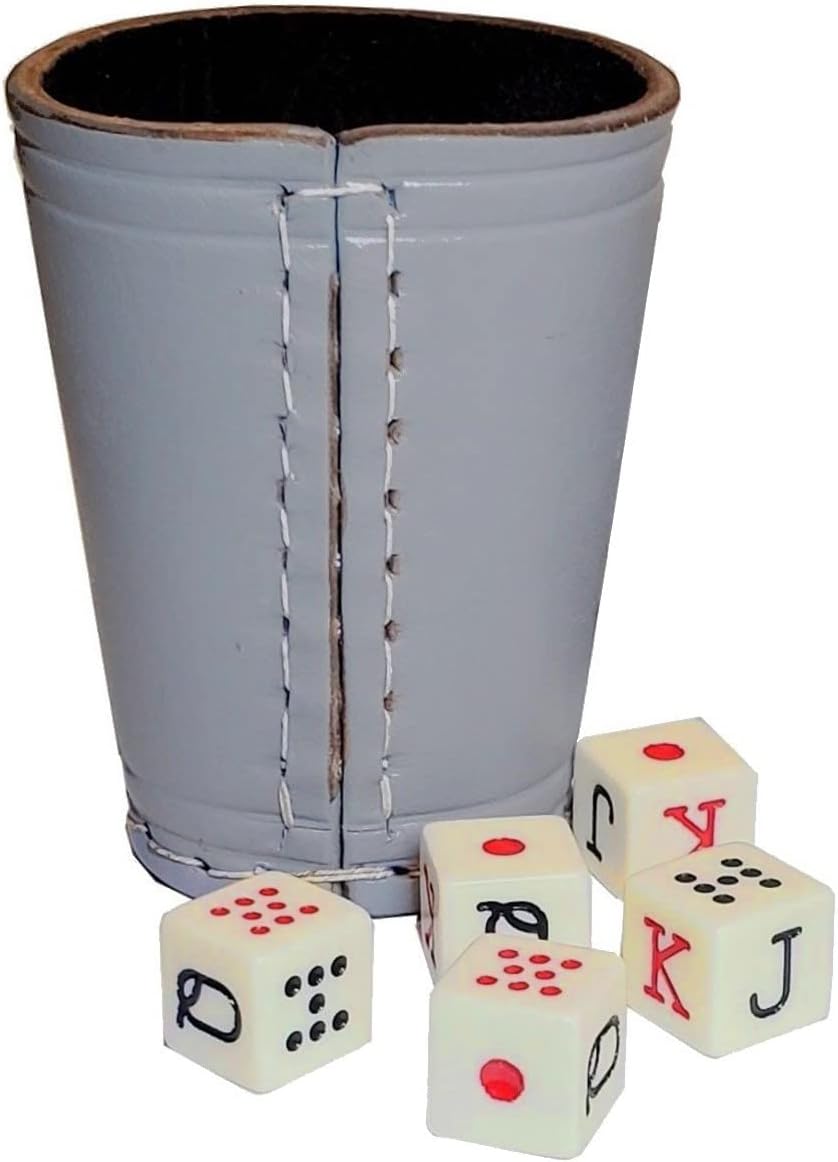Cyber-Deals Genuine Leather Compact Dice Cup + Spanish Poker Dice with Black Velvet Storage Pouch (Grey w/Black Lining Cup, Ivory Tone Dice)