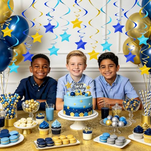 Image of BEISHID Blue Gold Stars Hanging Swirls Pre-Strung Stars Hanging Decorations for Baby Shower Retirement Bachelor Men Birthday Graduation Decorations Supplies,Pack of 15