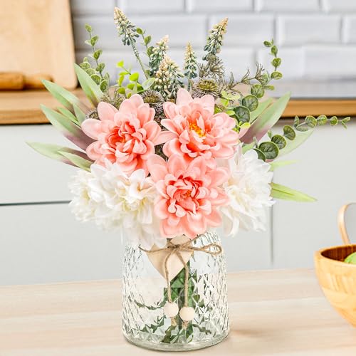 Der Rose Fake Flowers in Vase Silk Artificial Pink Flowers Arrangements with Glass Vase for Dinning Coffee Table Centerpieces Home Kitchen Farmhouse W