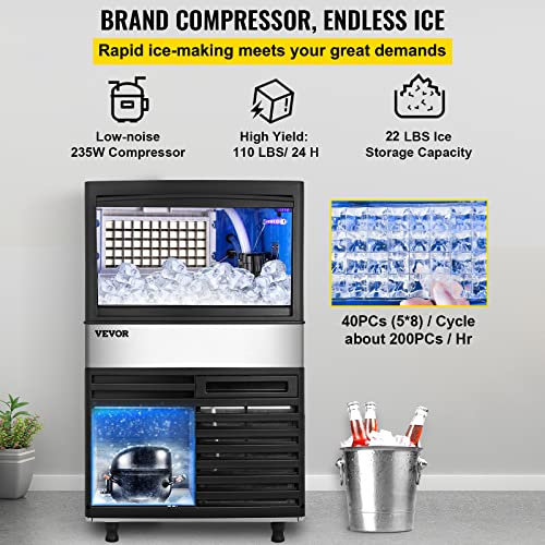 Vevor 110V Commercial Ice Maker Machine, 110Lbs/24H Commercial Ice Machine Under Couter Ice Maker With 39Lbs Bin For Home Bar Restaurant, Auto Cleaning Ice Maker, Water Filter, Scoops Included #TOP1