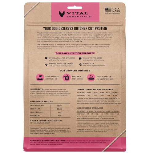 Image of Vital Essentials Freeze Dried Dog Food, Chicken Mini Nibs, 14 oz Bag | Crunchy, Complete Meal or Topper, Made With 96% Chicken, Organs & Bone, High Protein Raw Nutrition, Grain-Free Recipe
