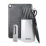 OOU Black Chef Knife Set, 9 Pieces Kitchen Knife Block Set High Carbon Stainless Steel Full Tang with Convenient Sharpener, Ultra Sharp BO No Stain, Universal Knife Stand Bonus Cutting Board NO BIOSIS