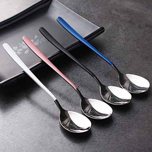 Image of YANCI Silverware Set, Stainless Steel Korean Silver Plated Round Head Soup Spoon, Table Spoon with 8.11 inch Long Handle Coffee Ice Cream Dessert Dinner Spoons Scoop (Random Color, 2 Pieces)