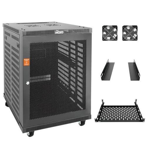 Tecmojo Estante de montaje en pared de 15U, kit de estante de montaje en pared cerrado de 23.6 pulgadas de profundidad incluye estante de 1U, soporte en forma de L, 2 ventiladores de refrigeración,