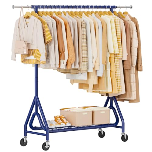 Image of Heavy Duty Clothing Rack, Metal Clothes Rack Load 450 LBS, Rolling Coat Racks for Hanging Clothes with Lockable Wheels, Wardrobe Closet Garment Racks for Bedroom, Navy Blue