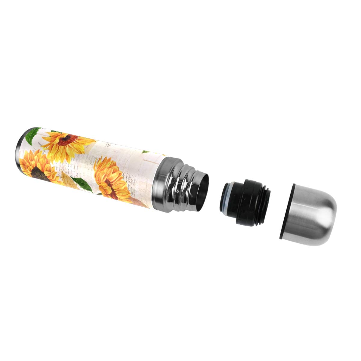 Taza de viaje de acero inoxidable con aislamiento al vacío, doble pared, a prueba de fugas, diseño de girasoles, estilo vintage, con impresión personalizada en piel auténtica, termo de 500 ml