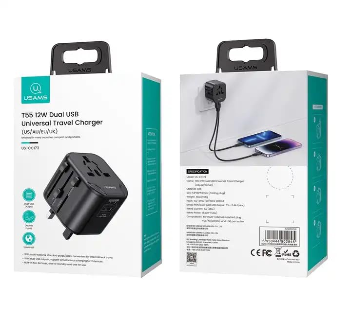 SmartBear Universal Travel Adapter 12 watt Charger, 5 in 1 International Travel Adapter, Universal Plug Socket, 2 x USB, 2.4A Max - Worldwide Travel Adapter (150+ Countries)