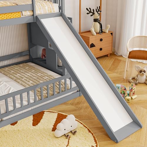 Image of YOPTO Twin Over Full Bunk Bed with Slide,Storage Staircase & Safety Guardrails,Wooden Bunk Bed w /Slat Support,Space Saving,Bedframe Furniture for Student Dorms,Studio,Grey