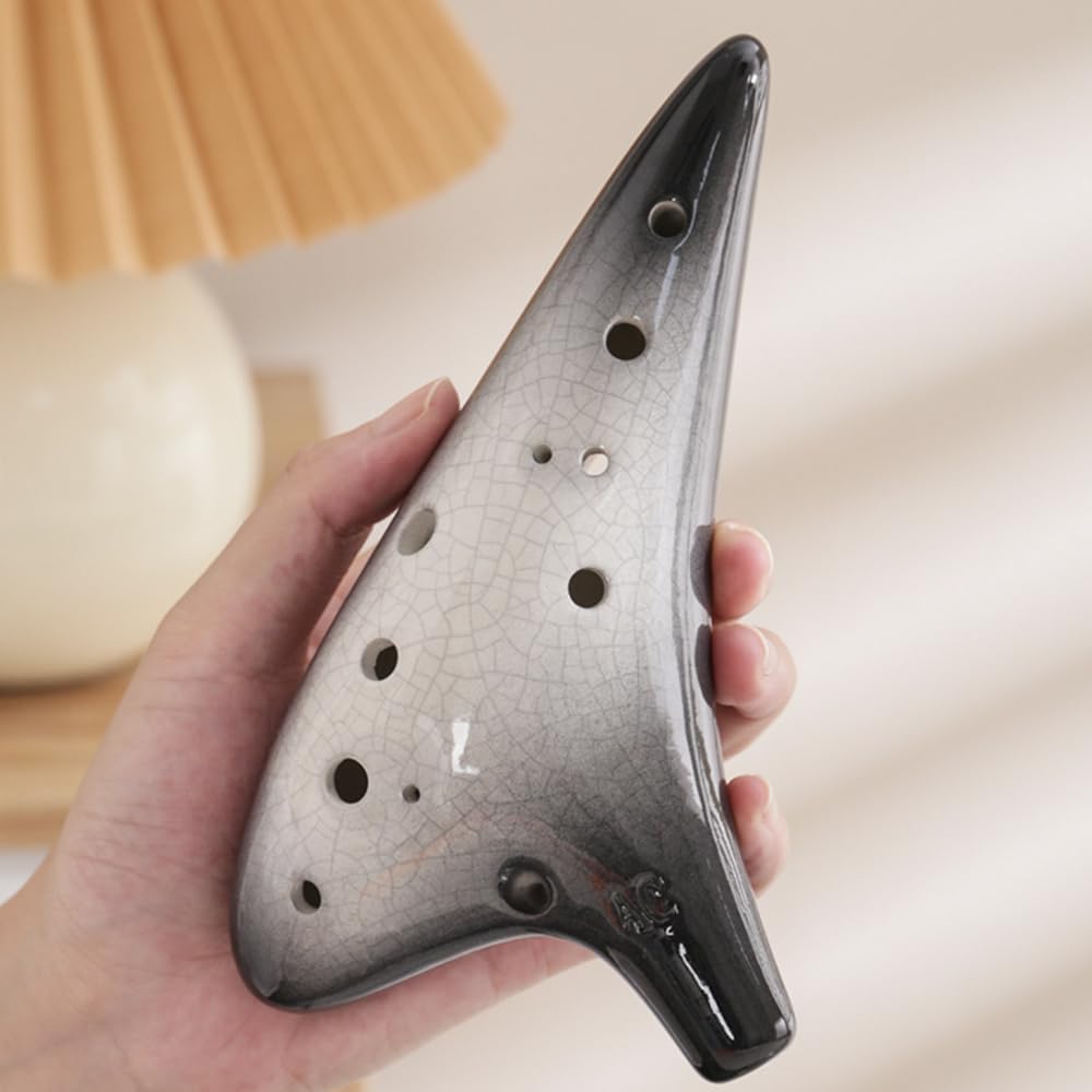 Ocarina de cerámica de 12 agujeros alto C con patrón agrietado con libro de texto y bolsa protectora, perfecta para principiantes y rendimiento profesional (negro degradado agrietado)