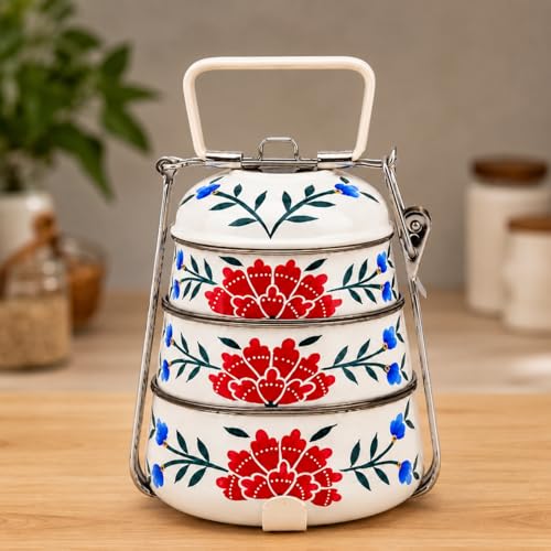 Image of iHandikart Handpainted Decorative Lunch Box Tiffin | Multiple Tier Stainless Steel Food Box | Designer Indian Print Tiffin for School | Diwali Gift, Navratri Gift (Color - Multicolor)