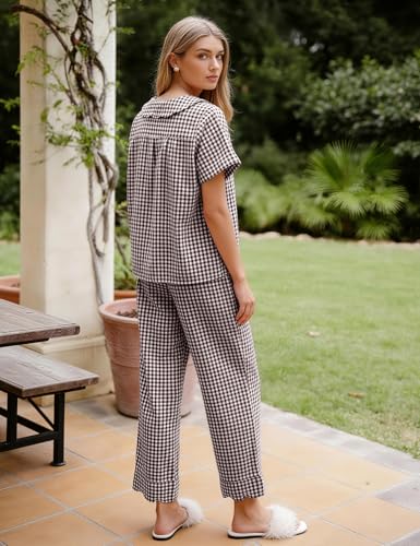 Image of Flygo Womens Gingham Pajamas Set Cotton 2 Piece Pj Set Scalloped Collar Babydoll Shirt Pants Plaid Y2K Lounge Sets