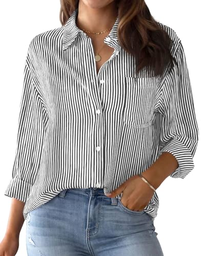 MINTLIMIT Women's Striped Button Down Shirts Long Sleeve Casual Blouse Tops with Pockets for Women 2024 Black