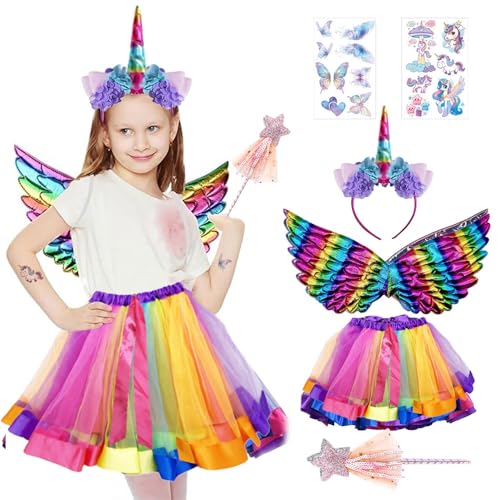 5 Piezas Disfraz Unicornio para Niña - Conjunto de Cosplay con Diadema, Alas, Varita y Pegatinas - para Cumpleaños, Carnaval y Fiesta