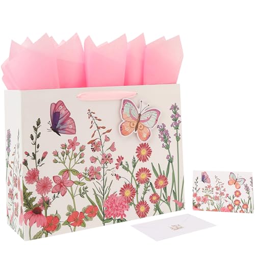 Qirrmiy 16.5 Extra Large 3D Butterfly Gift Bag Set with Handles Greeting Card Pink Tissue Papers and Stickers for Women Girls for Birthday Mothers Day Wedding Anniversary Floral Design 1 Pcs