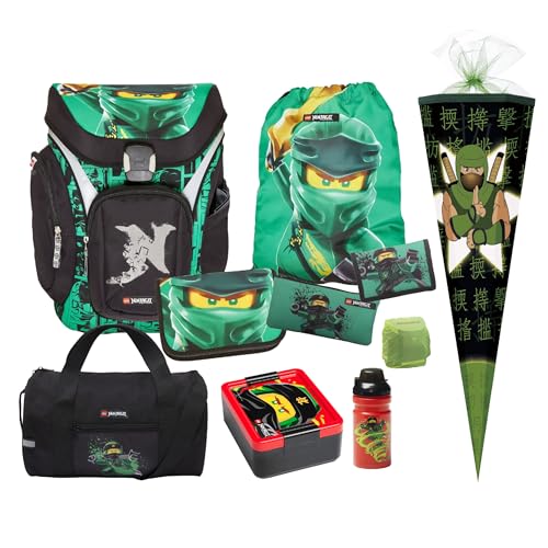 Familando - Schulranzen Set 10-teilig mit Schultüte - Ninjago Grün - Ergonomisch, stabil & mit gepolstertem Rücken - 1250g leicht mit 16L Volumen - wasserabweisend und mit Reflektoren - Ab 1. Klasse