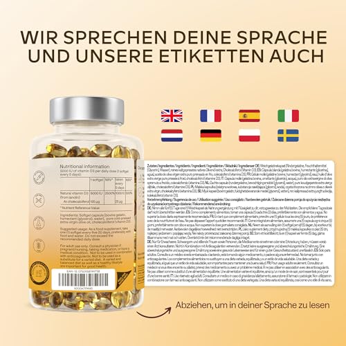 Vitamin D3 Hochdosiert Depot 5000 IU 365 Kapseln - Vitamin D3 5000 IE mit kaltgepresstem nativem Olivenöl Extra für optimale Absorption - Vitamin D Hochdosiert Ohne Gentechnik, glutenfrei, laktosefrei