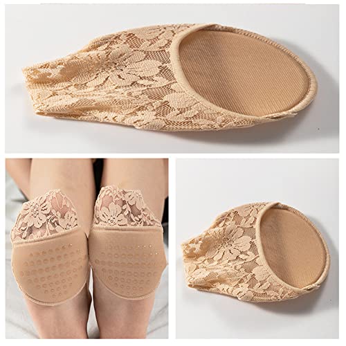 4 Pairs Half Toe Socks No Show Liner Socks Non-Skid Bottom Women Lace Toe Topper Liner Socks with Padding Pads, Black and Nude, One Size3
