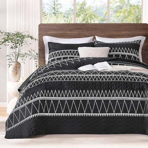 Image of Andency Black King Size Quilt Set, 3 Pieces Boho Lightweight Soft Striped Bedspread for All Season (106 inchx96 inch), Printed Bohemian Polyester Reversible Coverlet Comforter Sets