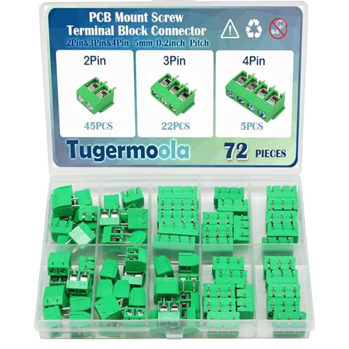 Tugermoola 72PCS 5mm/0.2inch 2Pin 3Pin 4Pin Pitch PCB Mount Screw Terminal Block Connector Assortment Kit PCB Board Wire Connectors Green