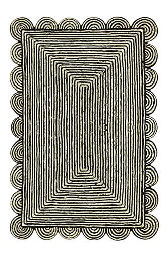 CASAVANI Scalloped Runner - 2.6x4 Area Rug Black & Beige Scallop Edge Braided Jute Rug Geometric Kilim Rug Indoor Outdoor Rug Flatweave Rugs for Bedroom Bedside Runner Kitchen Hallway