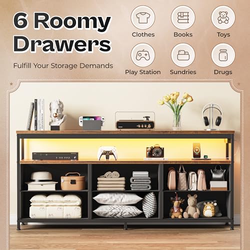 Huuger LED TV Stand for Bedroom, 55 Inch Fabric Dresser with Power Outlets, Entertainment Center for 60, 55 Inch TV, 6 Drawer Dresser for Bedroom, Chest of Drawers with Shlef, PU Leather, Rustic Brown