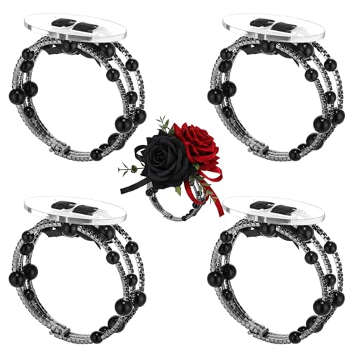 Hotop 4 Pcs Corsage Wrist Bracelet Bands Bride Pearl Rhinestone Bracelet Elastic Wrist Corsage DIY Wedding Wristband Faux Pearl Adjustable Wristband Accessory for Bridal Party Prom (Black)