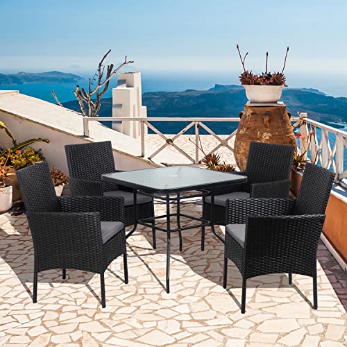 Jamfly 5 Piece Patio Dining Set, Outdoor Indoor Wicker Furniture Conversation Set, Square Tempered Glass Top Table With Umbrella Hole(Grey Cushion) #TOP7