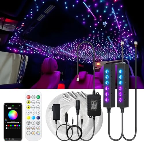 Image of AKEPO Car Home Use Mini Size 6-Hole 3.2W RGB Colorful Fiber Optic Light Kit, 9.8ft 600pcs*0.75mm /0.03in Optical Fiber APP Control Mixed Color Chasing Timer Function Starlight Headliner Light