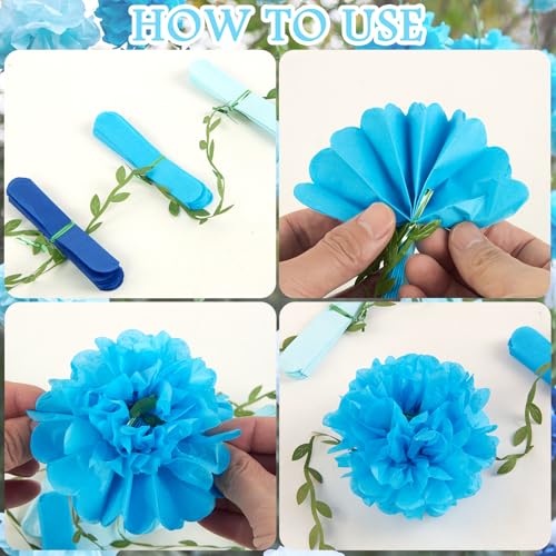 Image of Gradient Blue Tissue Paper Pom Pom Garlands, Paper Flowers for Birthday Decorations, Baby Shower, Wedding Engagement, Bridal Shower, Spring Summer Party Decorations