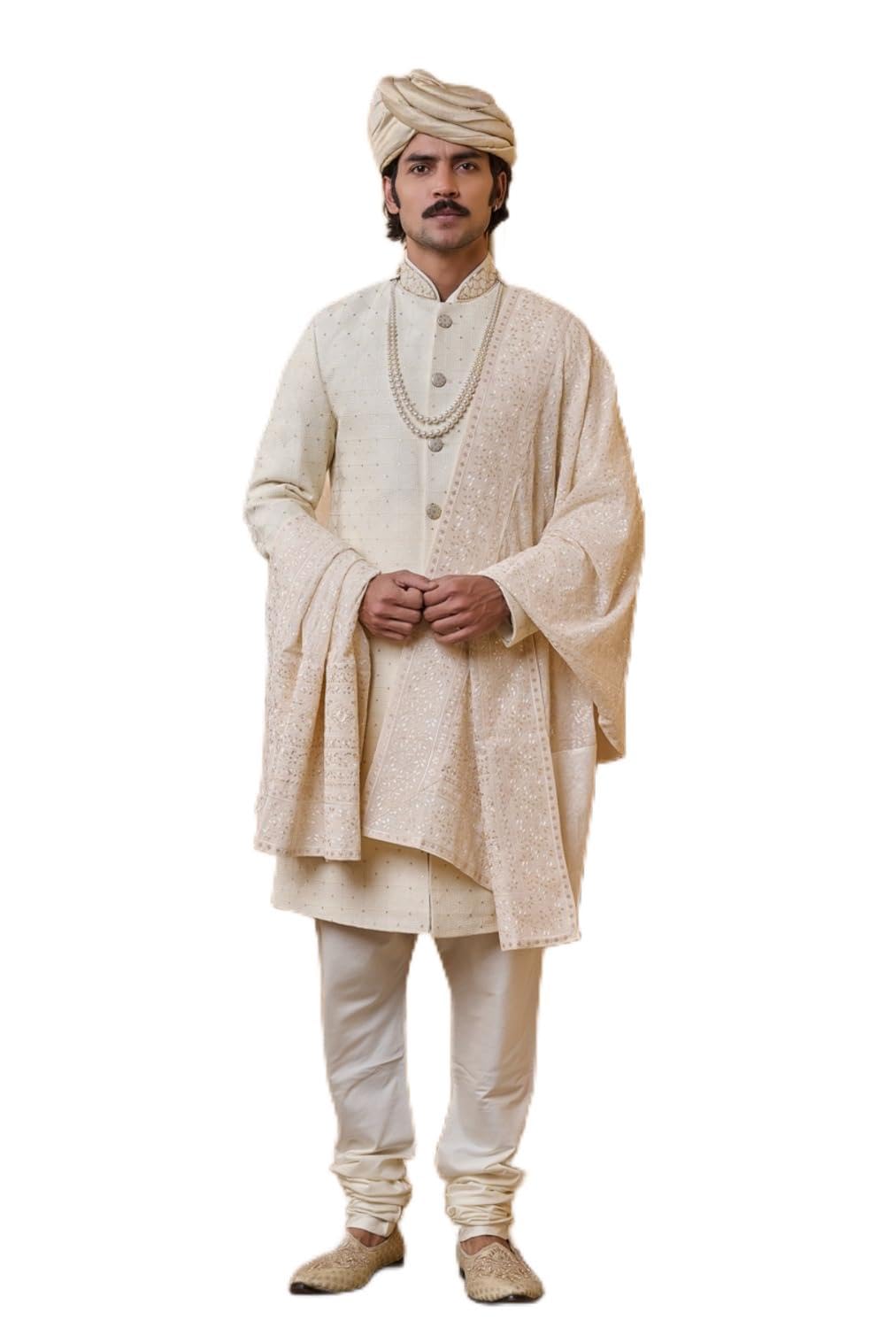 tasva Ivory All Over Thread Embroidered Sherwani For Men-picture-22