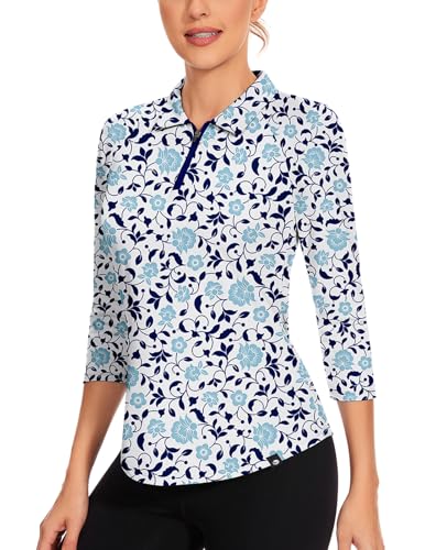 Soneven Golf Polo Shirt Damen 3/4 Ärmel Bluse Zip up Golf Polo Oberteil Langarm Sommer Funktionsshirt Damen Wandershirt Atmungsaktiv Vintage-Druck M