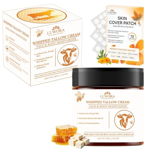 LUWORA Grass-Fed Beef Tallow Cream and Skin Cover Patches (72 Pcs) – Organic Moisturizing Tallow...