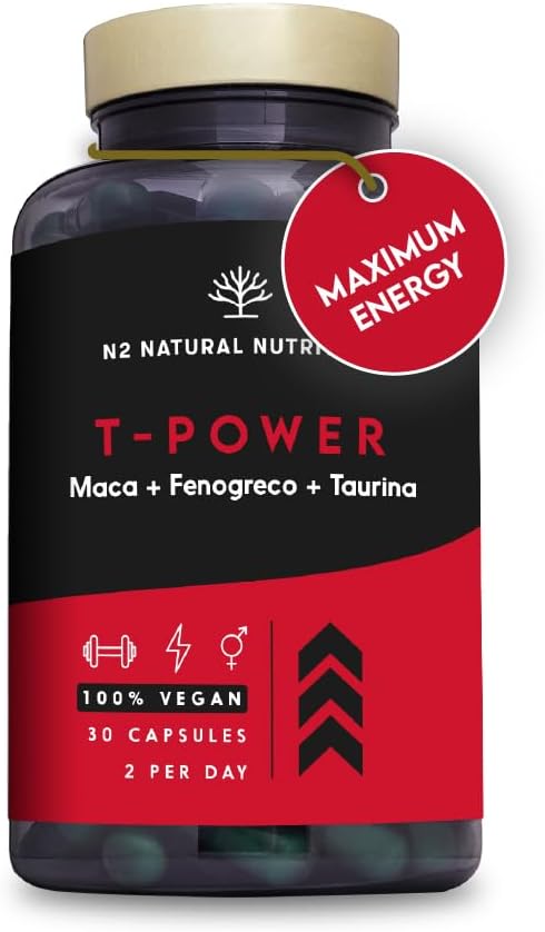 T-Power Natural Supplements for Men. Maca Root, Zinc, Gingseng, Fenugreek, L-Taurine, Black Pepper. Mood Stimulant + Endurance + Energy. Pre Workout. 30 Capsules. Vegan. N2 Natural Nutrition