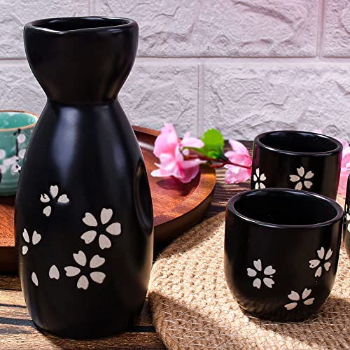 Bosili Ceramic Japanese Sake Set 1 Sake Bottle And 4 Sake Cups 5 Pieces Black Cherry Blossom Style For Sake White Wine(Black) #TOP3