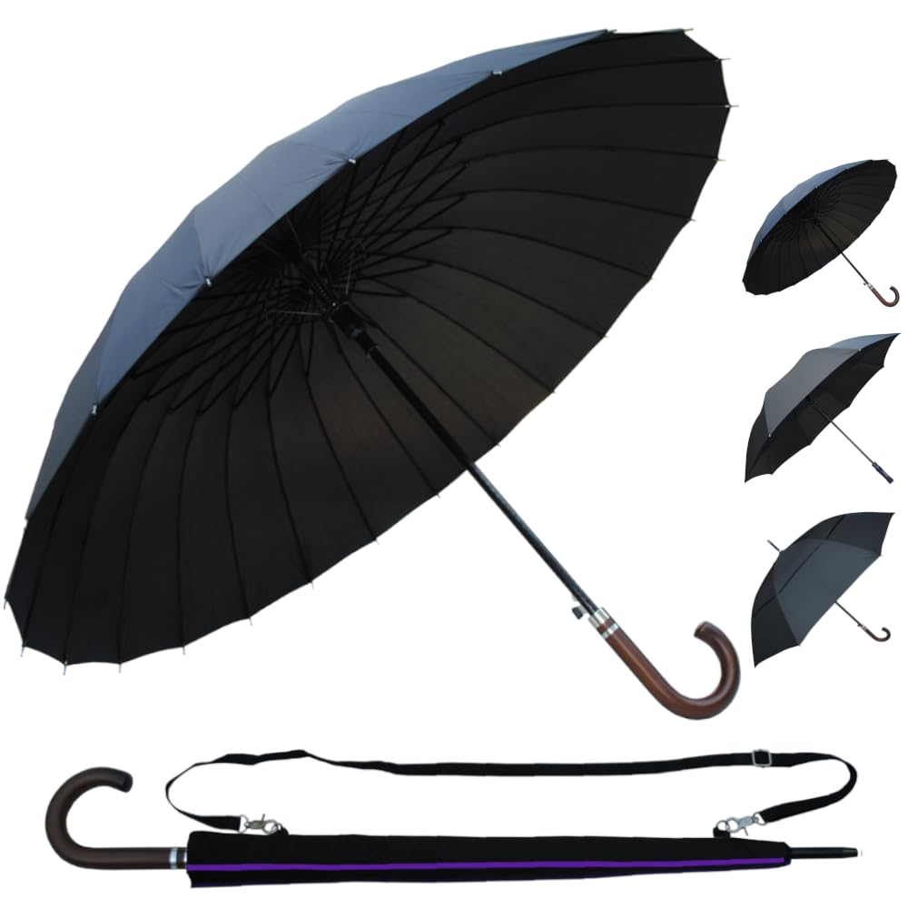 PERFORMANCE UMBRELLAS - 60MPH StormDefender Max 24 - Windproof Large Automatic Strong Umbrella - Reinforced 24 Rib Frame - Solid Wood Hook Handle - Teflon Coated - Rainproof Fiberglass Big Golf Black