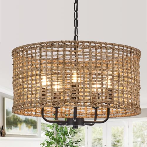 Image of 19.7 inch Black Rattan Chandelier, 5-Light Boho Wicker Light Fixture | Hand-Woven Rattan Pendant Light; Adjustable Height; Farmhouse Basket Drum Chandeliers for Dining Room, Kitchen, Bedroom, E12