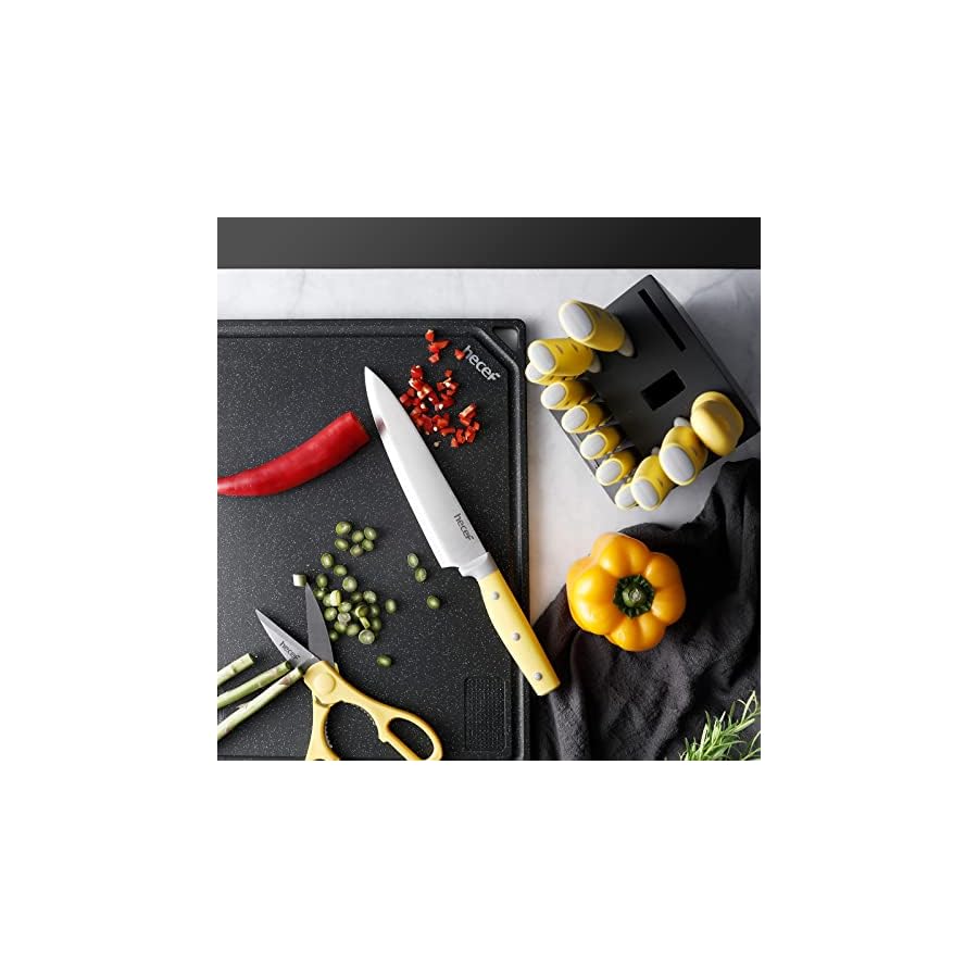 hecef-Kitchen-Knife-Block-Set-14-Pieces-Knife-Set-with-Wooden-Block-Sharpener-Steel-All-purpose-Scissors-High-Carbon-Stainless-Steel-Cutlery-Set-Yellow hecef Kitchen Knife Block Set, 14 Pieces Knife Set with Wooden Block & Sharpener Steel & All-purpose Scissors, High Carbon Stainless Steel Cutlery Set (Yellow)