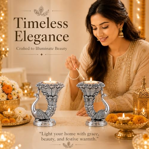 Image of Diviniti 999 Silver Plated Peacock Pair Tealight Holder|Antique Silver Finish|Premium Gift Box Included | Elegant Peacock Diya Stand|Luxury Home Decor Centerpiece|Housewarming, Festive Gift|9.5 x 8 cm