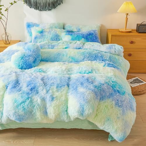 Plush Fluffy Tie Dye Mint Green Comforter Cover Twin Set – Faux Fur Plush Tie Dye Mint Green Bedding 2-Piece Set (1 Furry Duvet Cover + 1 Shaggy Pillow Sham) Cozy Bed Set