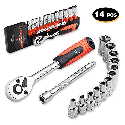 SURGEDO 1/4”Socket Wrench Set, 14 Pieces Drive Socket Set with 72 Teeth Release
