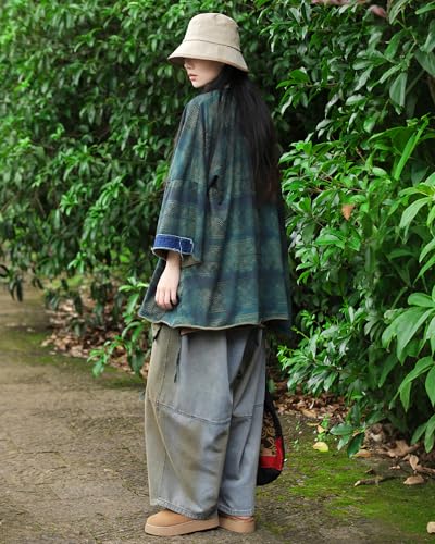 Women's Boho Patchwork Jacket Loose Fit Green Plaid Cotton Casual Top Artistic Design Spring Summer Layering4